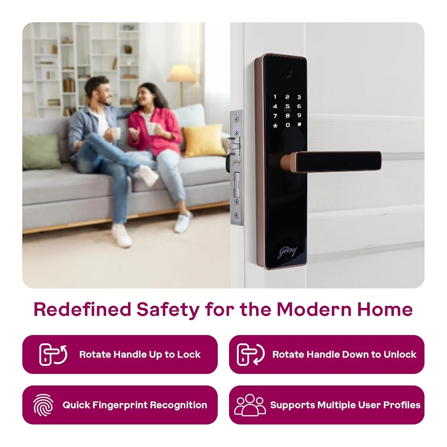 Godrej Digital Lock | Catus Advantage | Smart Lock for Wooden Door | 4 in 1 Access | Fingerprint | RFID | PIN Access | Mechanical Key | Rose Gold Finish | 3Years Warranty - Image 8