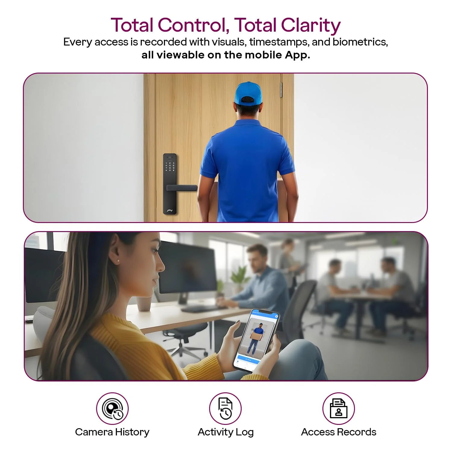 Godrej 'New Launch' Smart Lock | Neo Pro View Digital Lock for Wooden Doors with Camera, View Screen, Wi-fi | Mobile App | Built-in Doorbell I 7 in 1 Access I 3 Yr Warranty - Image 5
