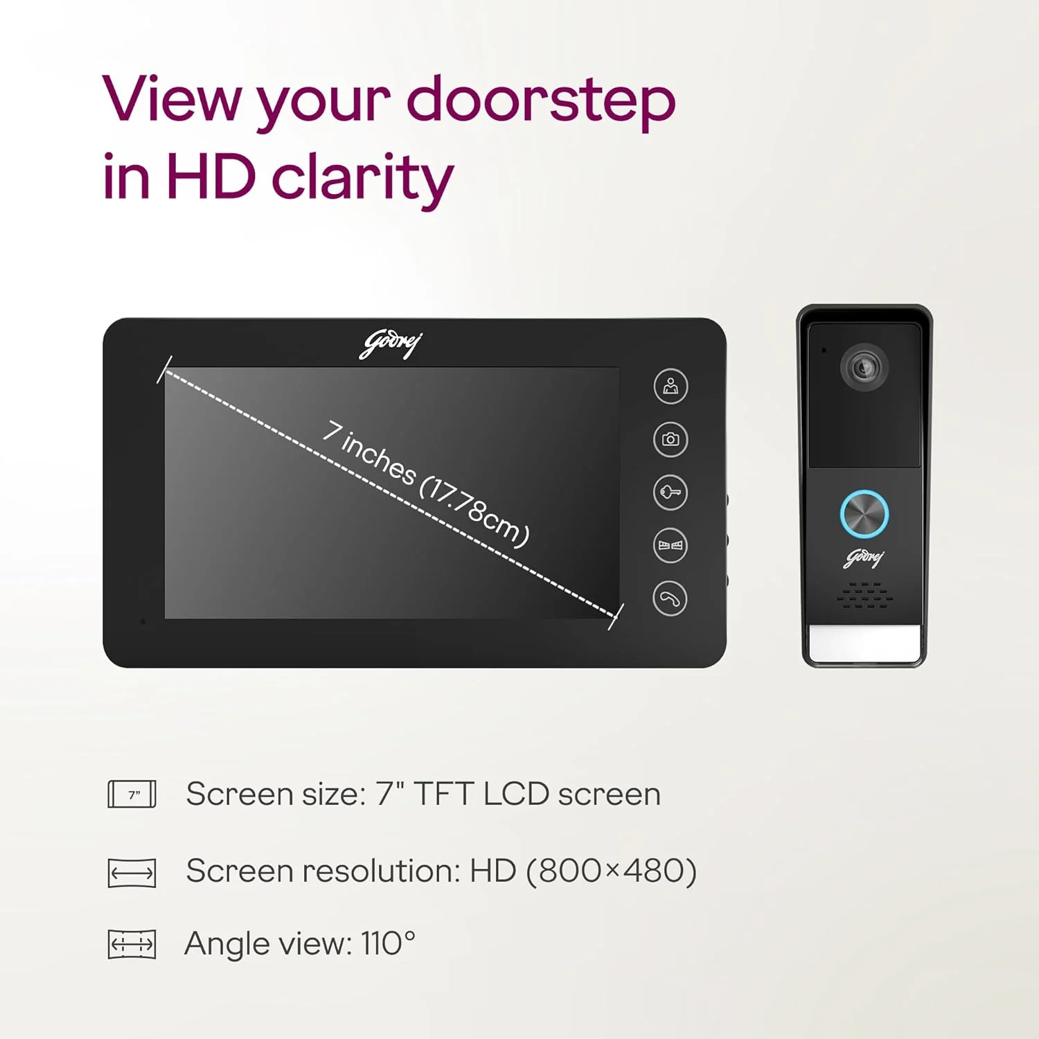 Godrej Security Solutions Seethru NeX Plus Video Door Phone | Smart Security with 7” Color Screen, 700 TVL Camera Resolution | Adjustable Volume | 2-Way Communication | Outdoor Rain Protection - Image 2