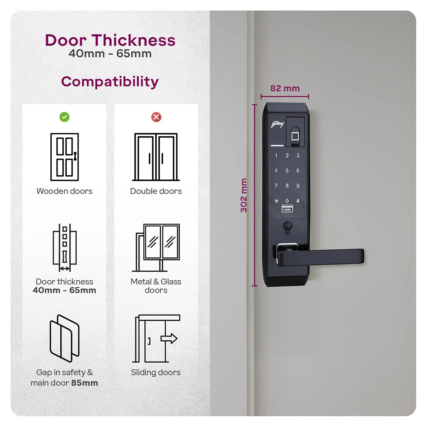 Godrej Smart Lock I Advantis Revolution Digital Lock for Wooden Door |for Main Door | 4 in 1 Access | Pin Access | Fingerprint | RFID Card | Mechanical Key | Black | 3Yrs Warranty - Image 2