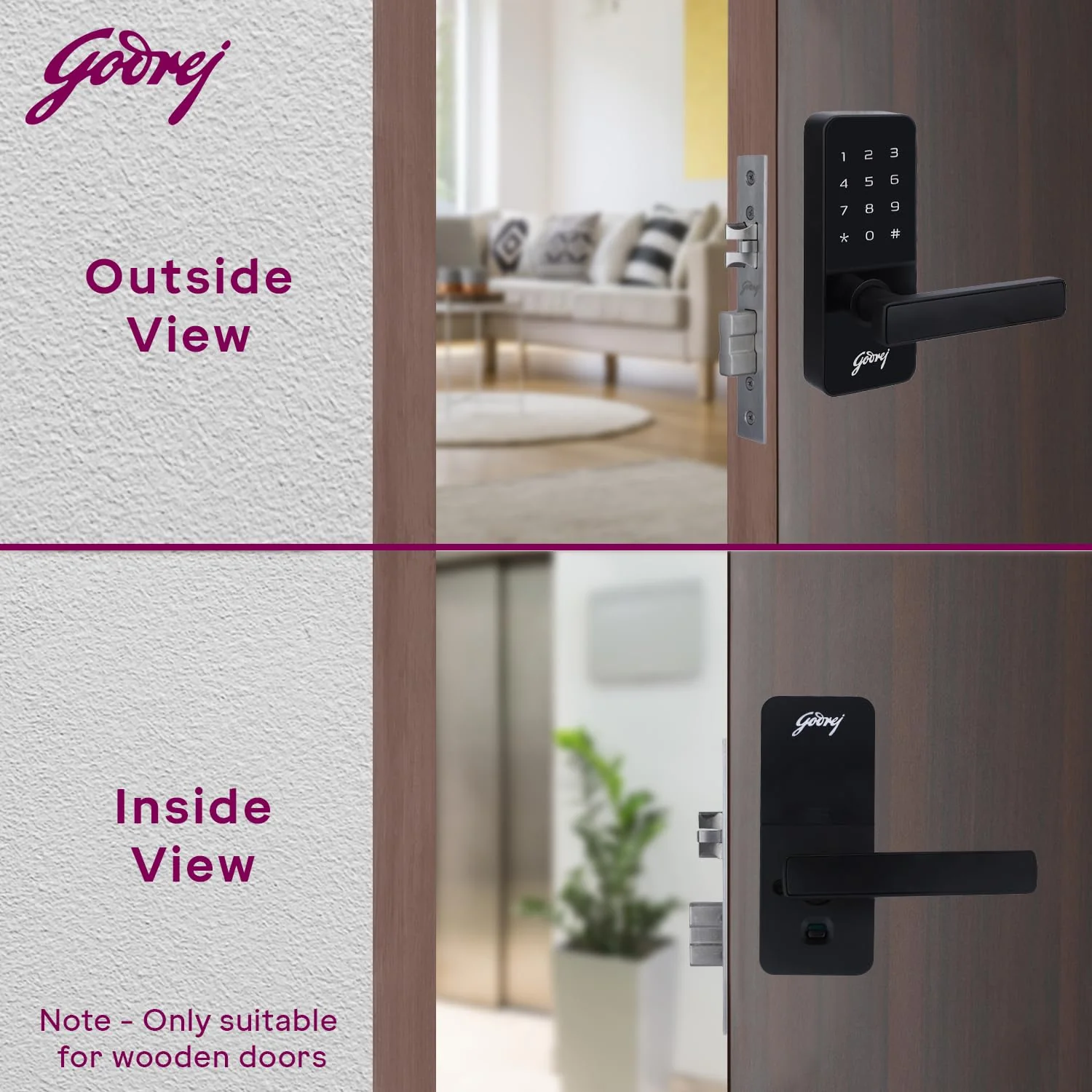 Godrej Smart Lock I Catus Touch I Digital Lock for Main and Internal Wooden Door I 2 in 1 Access I Pin Access I Mechanical Key I Black Finish I 3 Years Warranty - Image 3