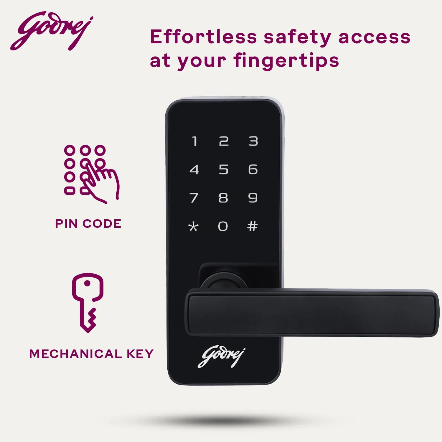 Godrej Smart Lock I Catus Touch I Digital Lock for Main and Internal Wooden Door I 2 in 1 Access I Pin Access I Mechanical Key I Black Finish I 3 Years Warranty - Image 4