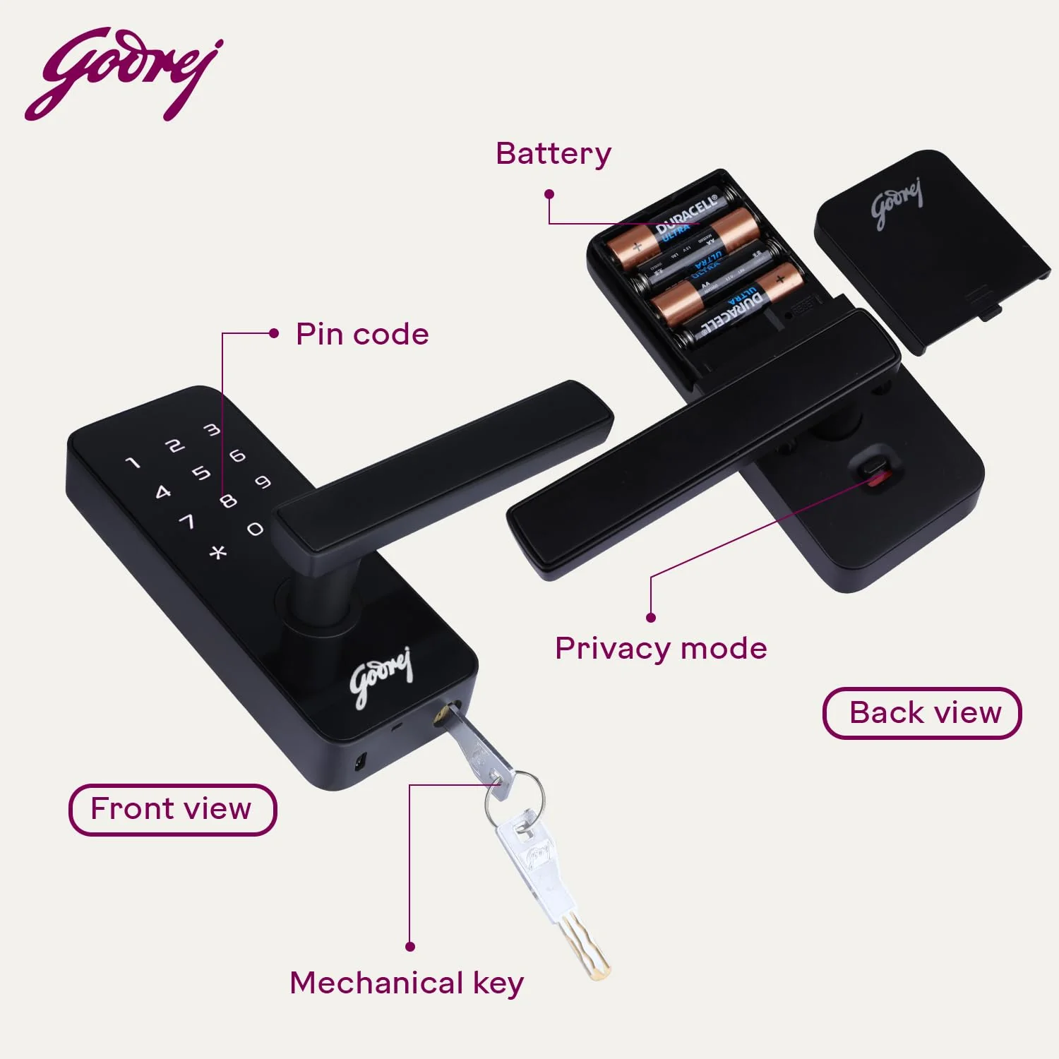 Godrej Smart Lock I Catus Touch I Digital Lock for Main and Internal Wooden Door I 2 in 1 Access I Pin Access I Mechanical Key I Black Finish I 3 Years Warranty - Image 5