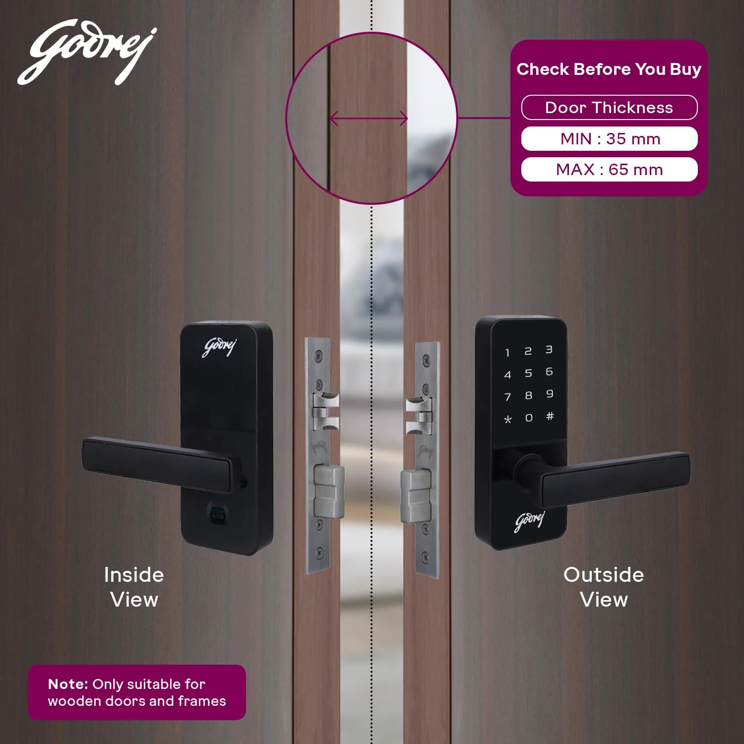 Godrej Smart Lock I Catus Touch I Digital Lock for Main and Internal Wooden Door I 2 in 1 Access I Pin Access I Mechanical Key I Black Finish I 3 Years Warranty - Image 6