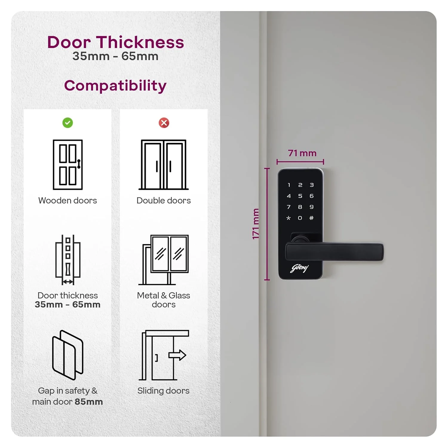 Godrej Smart Lock I Catus Touch I Digital Lock for Main and Internal Wooden Door I 2 in 1 Access I Pin Access I Mechanical Key I Black Finish I 3 Years Warranty - Image 7