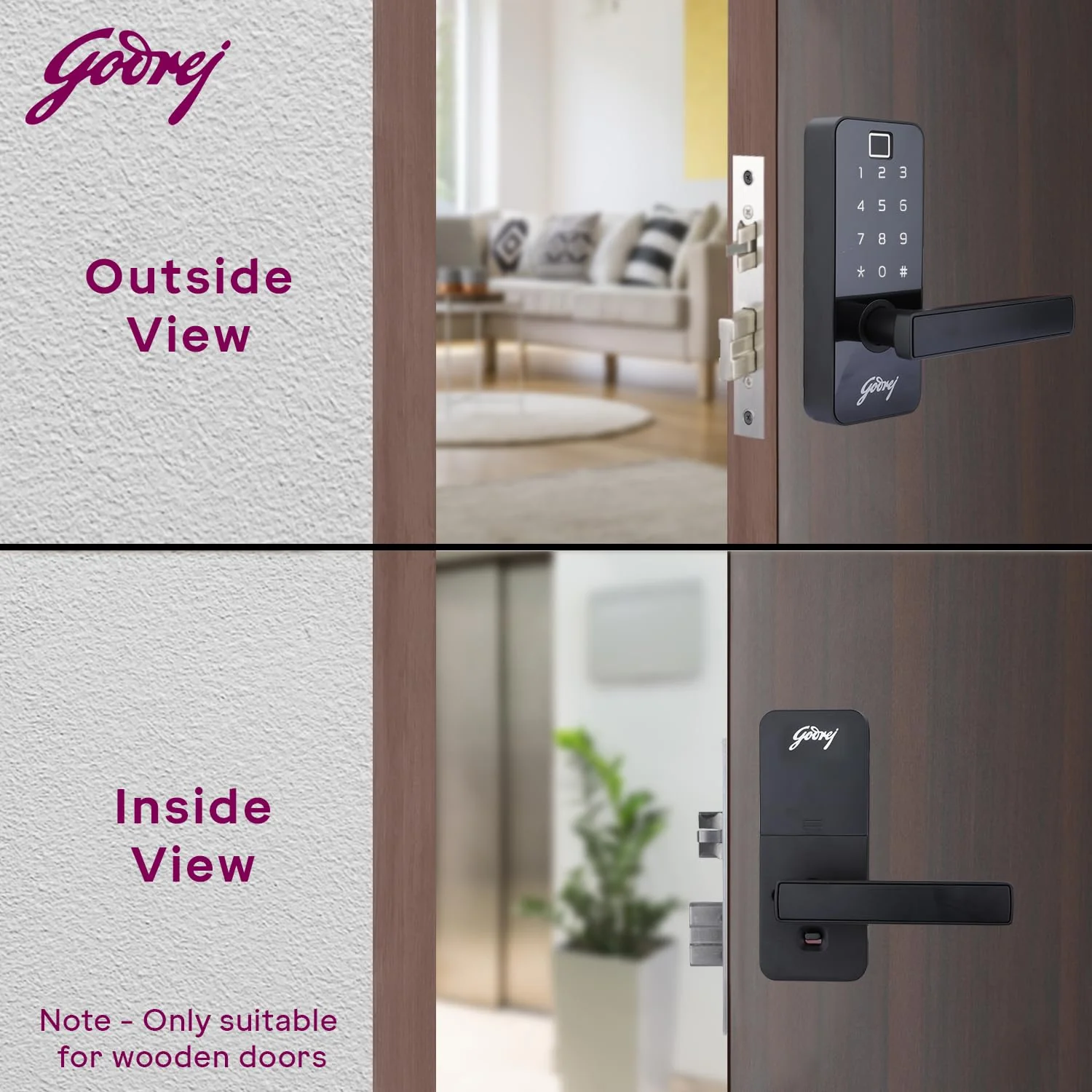 Godrej Smart Lock I Catus Touch Pro I Digital Lock for Main and Internal Wooden Door I 3 in 1 Access I Fingerprint I Pin Access I Mechanical Key I Black | 3 Yrs Warranty - Image 2