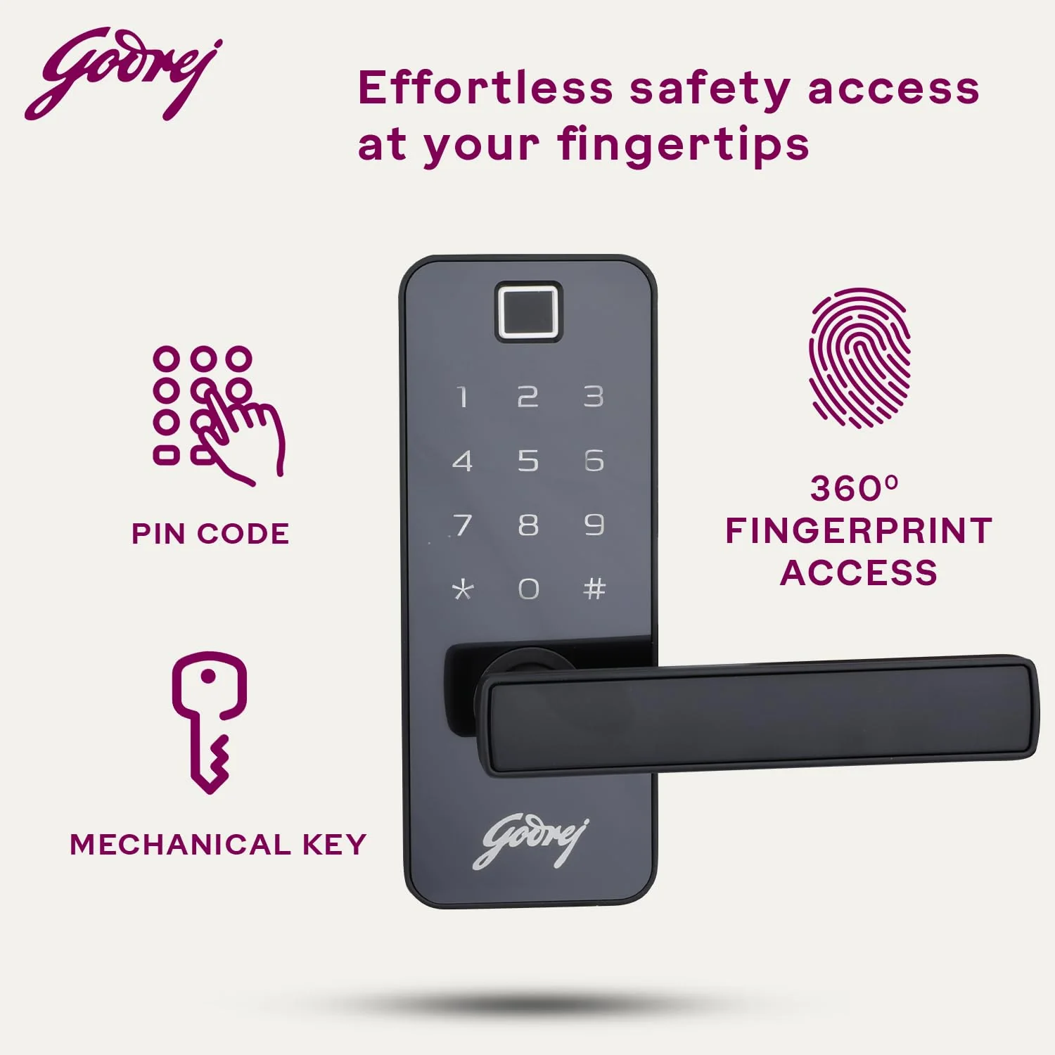 Godrej Smart Lock I Catus Touch Pro I Digital Lock for Main and Internal Wooden Door I 3 in 1 Access I Fingerprint I Pin Access I Mechanical Key I Black | 3 Yrs Warranty - Image 3