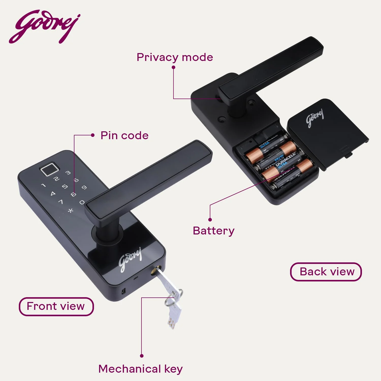 Godrej Smart Lock I Catus Touch Pro I Digital Lock for Main and Internal Wooden Door I 3 in 1 Access I Fingerprint I Pin Access I Mechanical Key I Black | 3 Yrs Warranty - Image 4