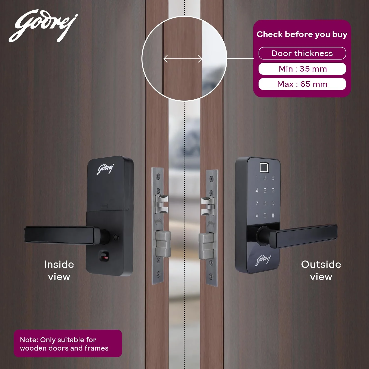Godrej Smart Lock I Catus Touch Pro I Digital Lock for Main and Internal Wooden Door I 3 in 1 Access I Fingerprint I Pin Access I Mechanical Key I Black | 3 Yrs Warranty - Image 6