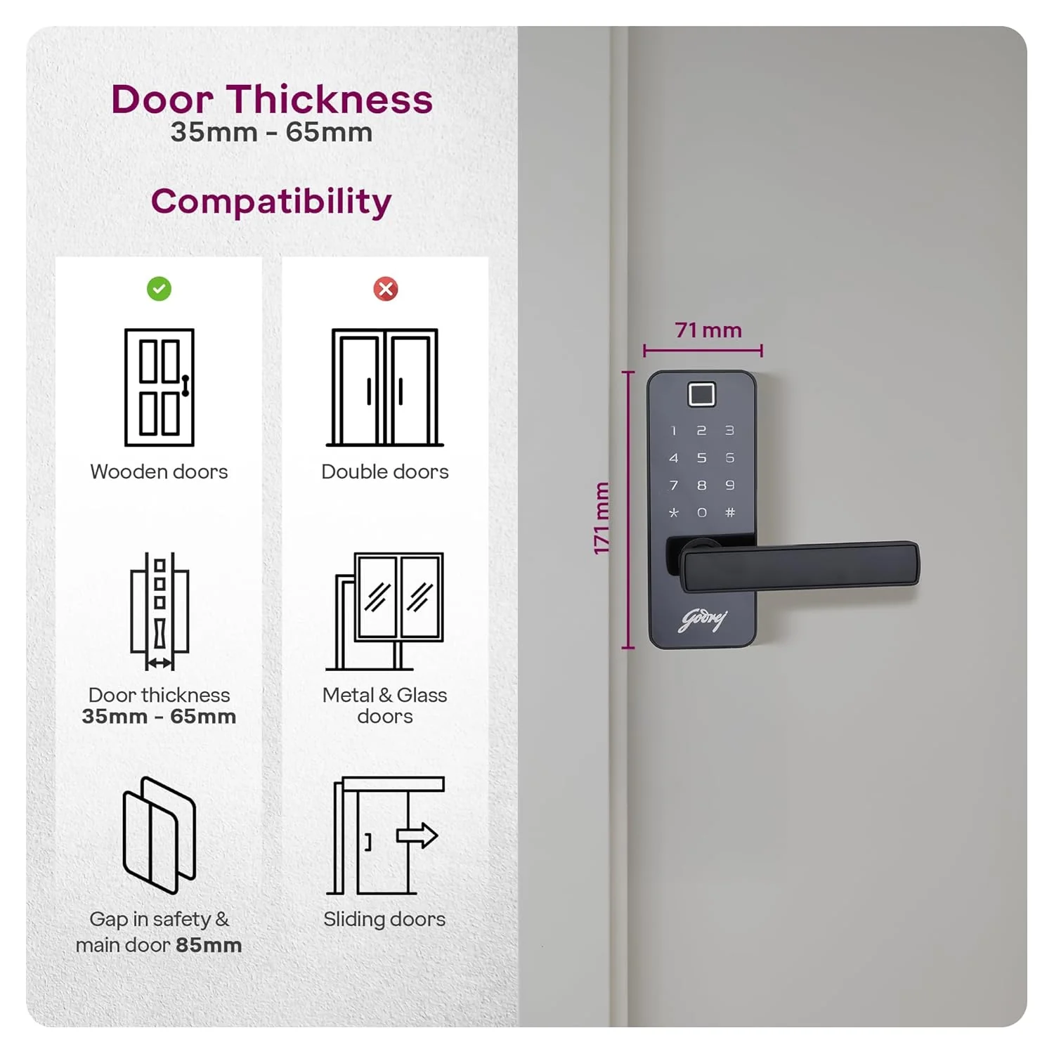 Godrej Smart Lock I Catus Touch Pro I Digital Lock for Main and Internal Wooden Door I 3 in 1 Access I Fingerprint I Pin Access I Mechanical Key I Black | 3 Yrs Warranty - Image 7