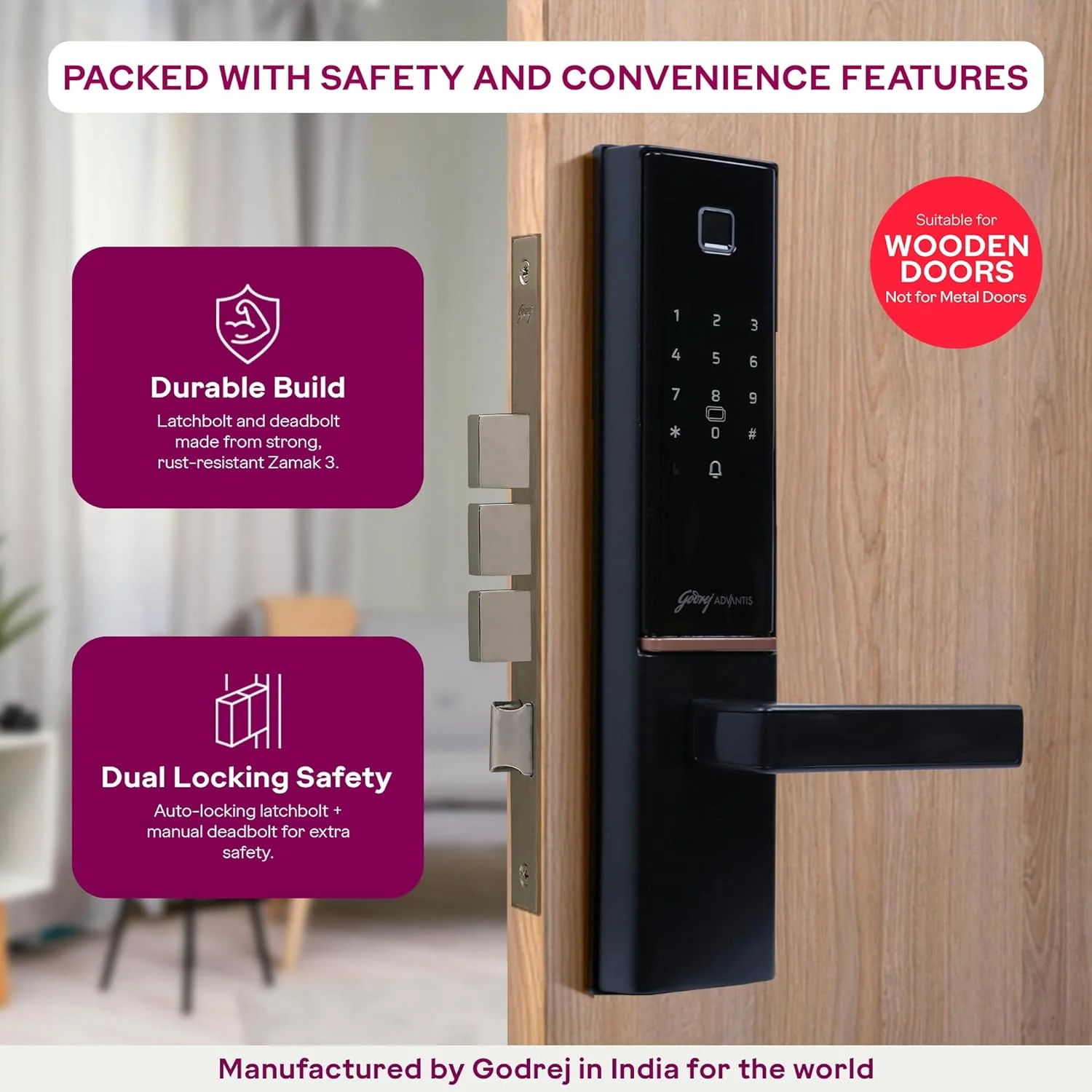 Godrej Smart Lock | The Only 7 in 1 NFC Digital Lock with Scheduled Biometric Access | VDP Compatible | Wooden Door in Home & Offices | Matte Black |3 Yrs Warranty |Made in India - Image 3