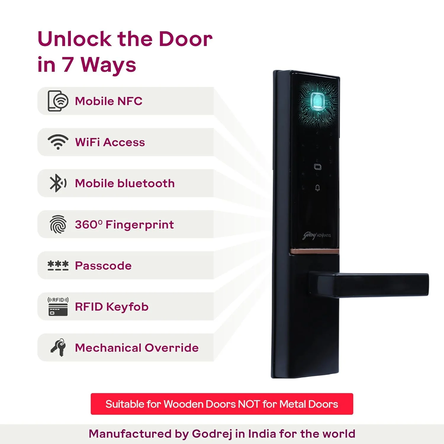 Godrej Smart Lock | The Only 7 in 1 NFC Digital Lock with Scheduled Biometric Access | VDP Compatible | Wooden Door in Home & Offices | Matte Black |3 Yrs Warranty |Made in India - Image 4