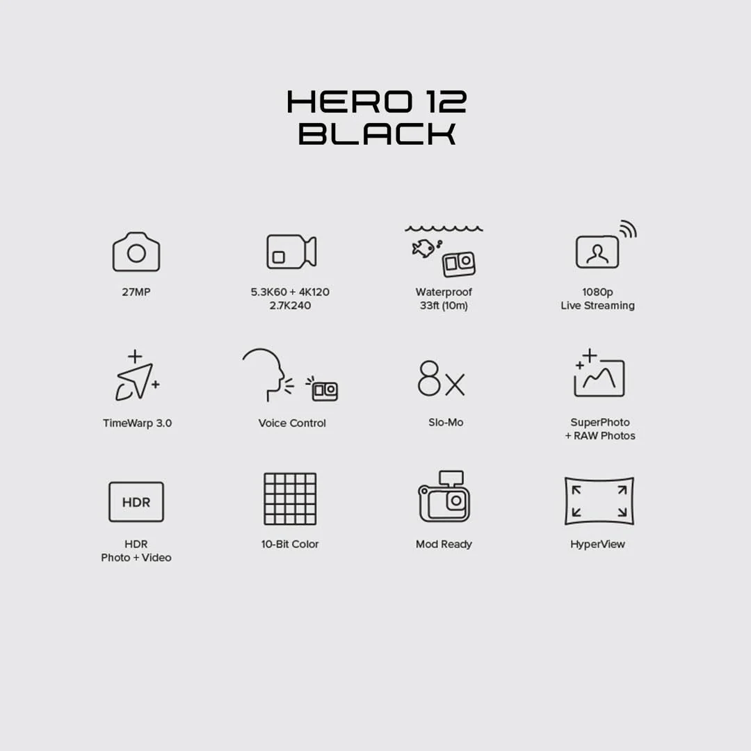 GoPro HERO12 Waterproof Action Camera with Front & Rear LCD Screens, 5.3K60 Ultra HD Video, HyperSmooth 6.0 + AutoBoost, Live Streaming with Enduro Battery (1-Yr International + 1-Yr India Warranty) - Image 2