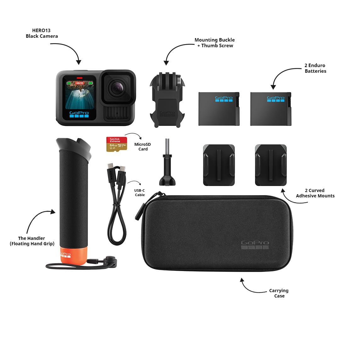 GoPro HERO13 Black Special Bundle Includes - HERO13 Black Camera, Handler, 2-Enduro Batteries, 2-Curved Adhesive Mounts, 64GB MicroSD Card, Hard Carrying Case(1-Yr International+1-Yr India Warranty) - Image 6