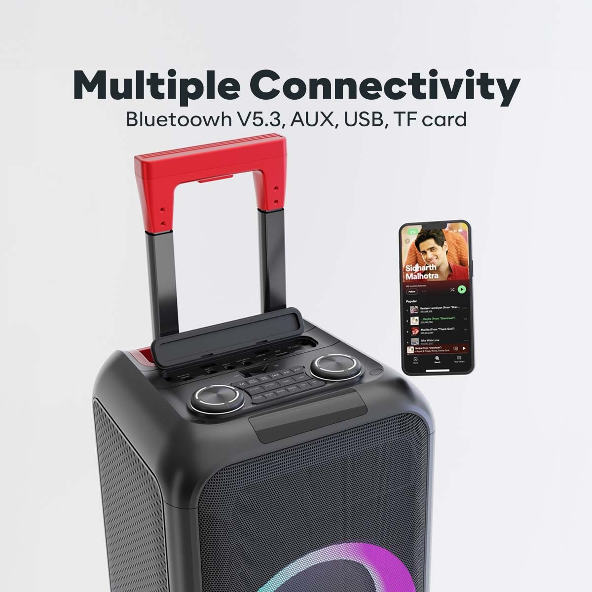 GOVO Newly Launched Goloud 970 | 300W USB Portable Party Speaker with Powerful Pro Sound | Vibrant Dynamic Light Show | Illuminated Control Panel | Guitar & Mic - Input (Black) - Image 5