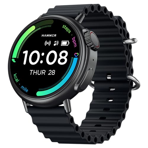 HAMMER Active 3.0 1.39" Round Calling Smart Watch for Men, Always On Display, Health Monitor, AI Voice Assistant, IP67 (Black Ocean Wave)