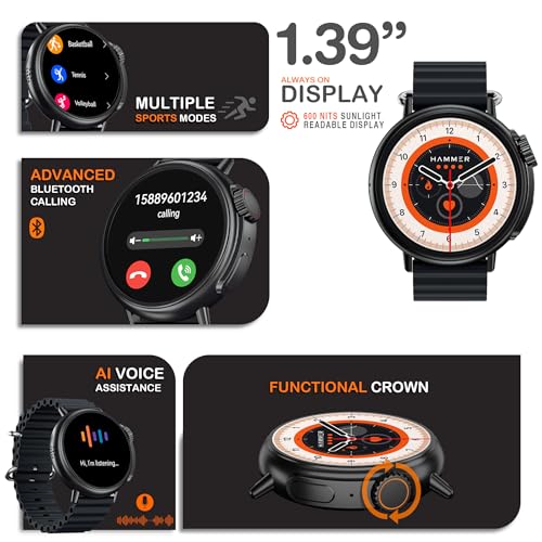 HAMMER Active 3.0 1.39" Round Calling Smart Watch for Men, Always On Display, Health Monitor, AI Voice Assistant, IP67 (Black Ocean Wave) - Image 3