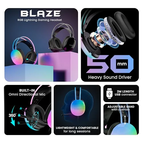HAMMER Blaze Wired Over Ear Gaming Headphones with Mic, 50mm Drivers, Full RGB Lights, Gaming Headset with Adjustable Bands, Breathable earcushion, 1.5Mtr Wire with USB (Black) - Image 2