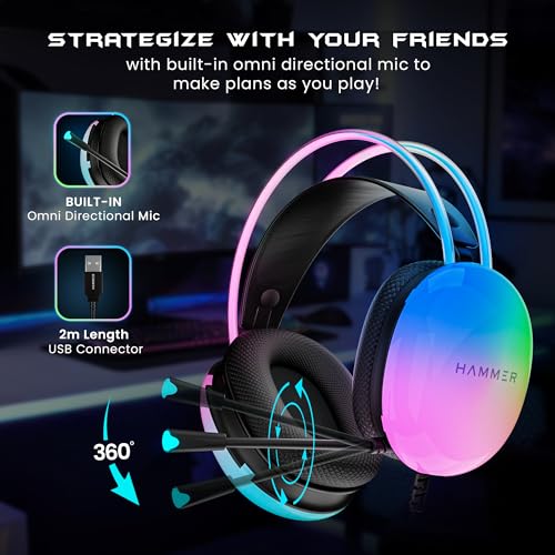 HAMMER Blaze Wired Over Ear Gaming Headphones with Mic, 50mm Drivers, Full RGB Lights, Gaming Headset with Adjustable Bands, Breathable earcushion, 1.5Mtr Wire with USB (Black) - Image 4