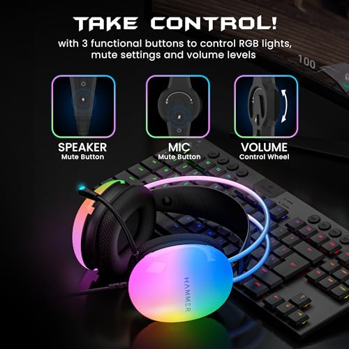 HAMMER Blaze Wired Over Ear Gaming Headphones with Mic, 50mm Drivers, Full RGB Lights, Gaming Headset with Adjustable Bands, Breathable earcushion, 1.5Mtr Wire with USB (Black) - Image 6