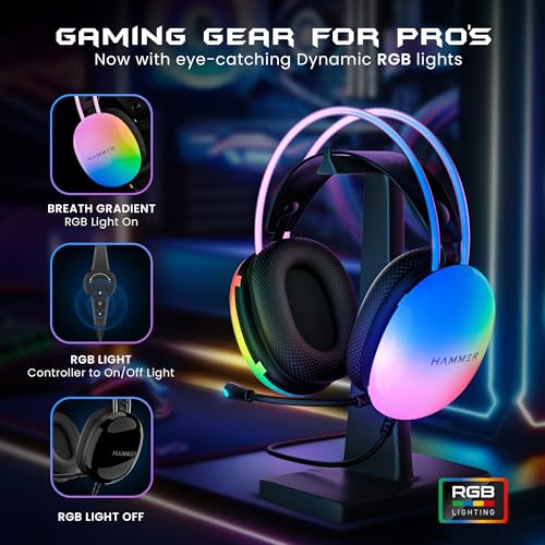 HAMMER Blaze Wired Over Ear Gaming Headphones with Mic, 50mm Drivers, Full RGB Lights, Gaming Headset with Adjustable Bands, Breathable earcushion, 1.5Mtr Wire with USB (Black) - Image 7