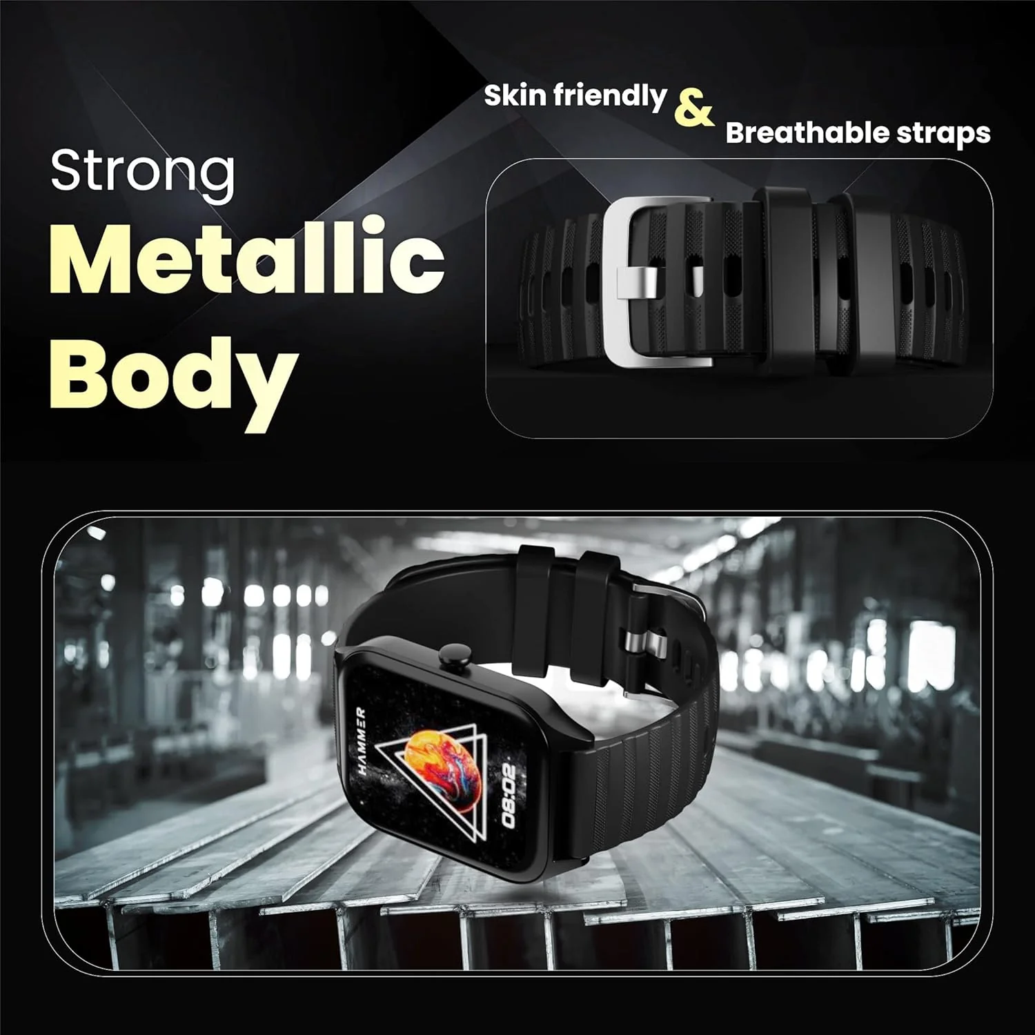 HAMMER Stroke 1.96" Calling Smart Watch with Strong Metallic Body, in Built Games, 100+ Sports Modes, Customized Watchfaces (Black) - Image 4