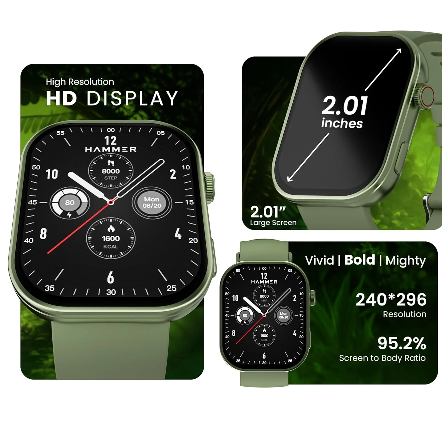 HAMMER Tussle 2.01" HD Display Smart Watch, Bluetooth Calling, Rotating Crown, Voice Assistant, in-Built Games, Smart Notifications, Sports Mode, DND, Raise to Wake (Limelight Green) - Image 2