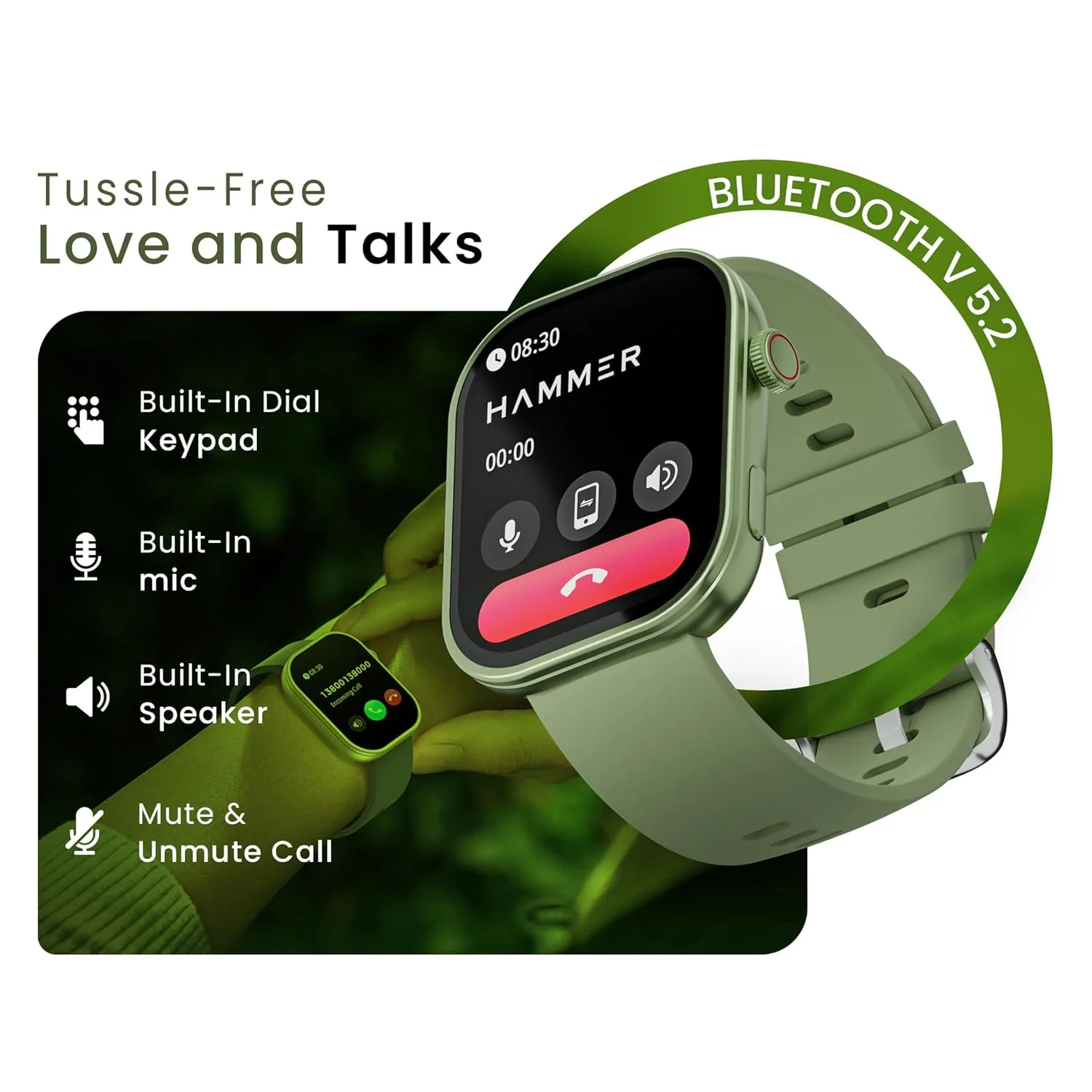 HAMMER Tussle 2.01" HD Display Smart Watch, Bluetooth Calling, Rotating Crown, Voice Assistant, in-Built Games, Smart Notifications, Sports Mode, DND, Raise to Wake (Limelight Green) - Image 5