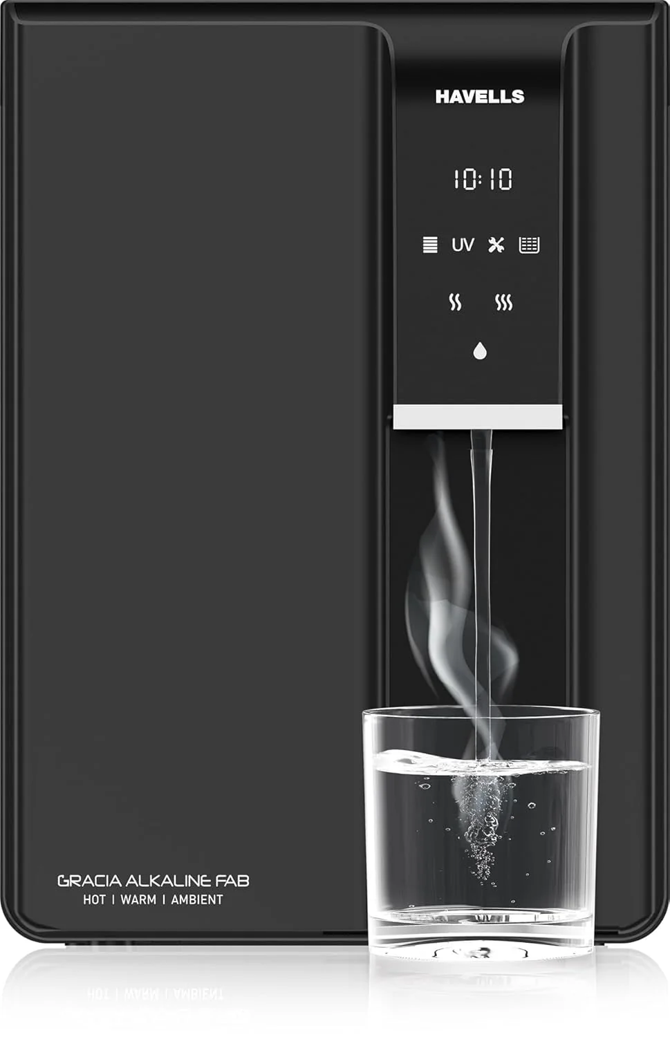 Havells Gracia FAB Alkaline Water Purifier (Black), RO+UV+Alkaline, Hot, Warm & Ambient Water, Copper+Zinc+Minerals, 8 Stage Purification, 6.5L SS Tank, Suitable for Borewell, Tanker & Municipal Water