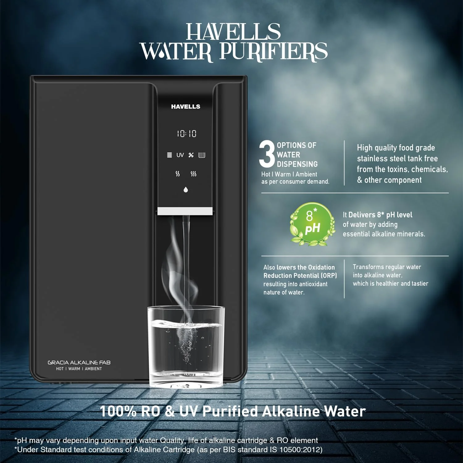 Havells Gracia FAB Alkaline Water Purifier (Black), RO+UV+Alkaline, Hot, Warm & Ambient Water, Copper+Zinc+Minerals, 8 Stage Purification, 6.5L SS Tank, Suitable for Borewell, Tanker & Municipal Water - Image 4