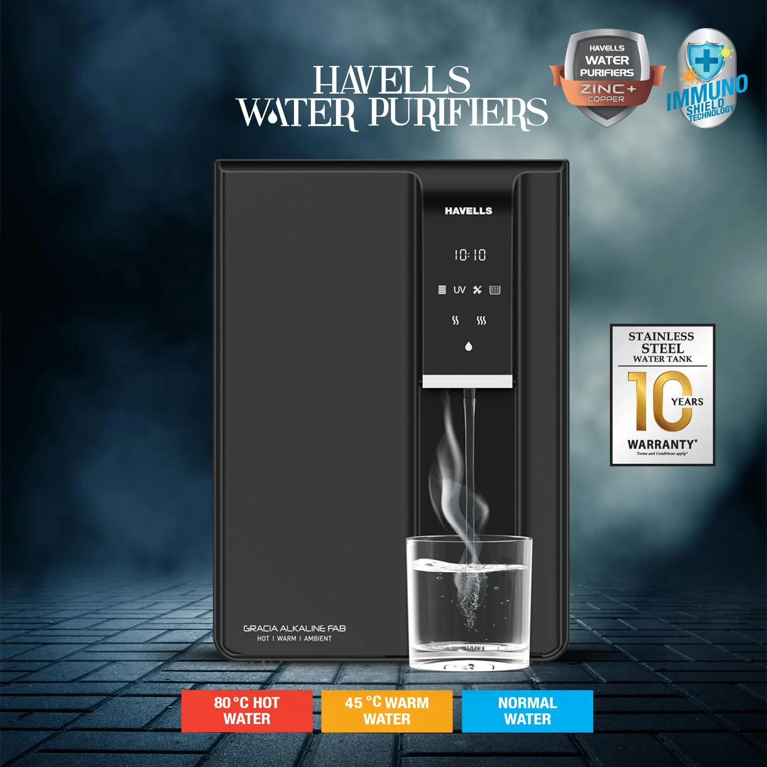 Havells Gracia FAB Alkaline Water Purifier (Black), RO+UV+Alkaline, Hot, Warm & Ambient Water, Copper+Zinc+Minerals, 8 Stage Purification, 6.5L SS Tank, Suitable for Borewell, Tanker & Municipal Water - Image 5