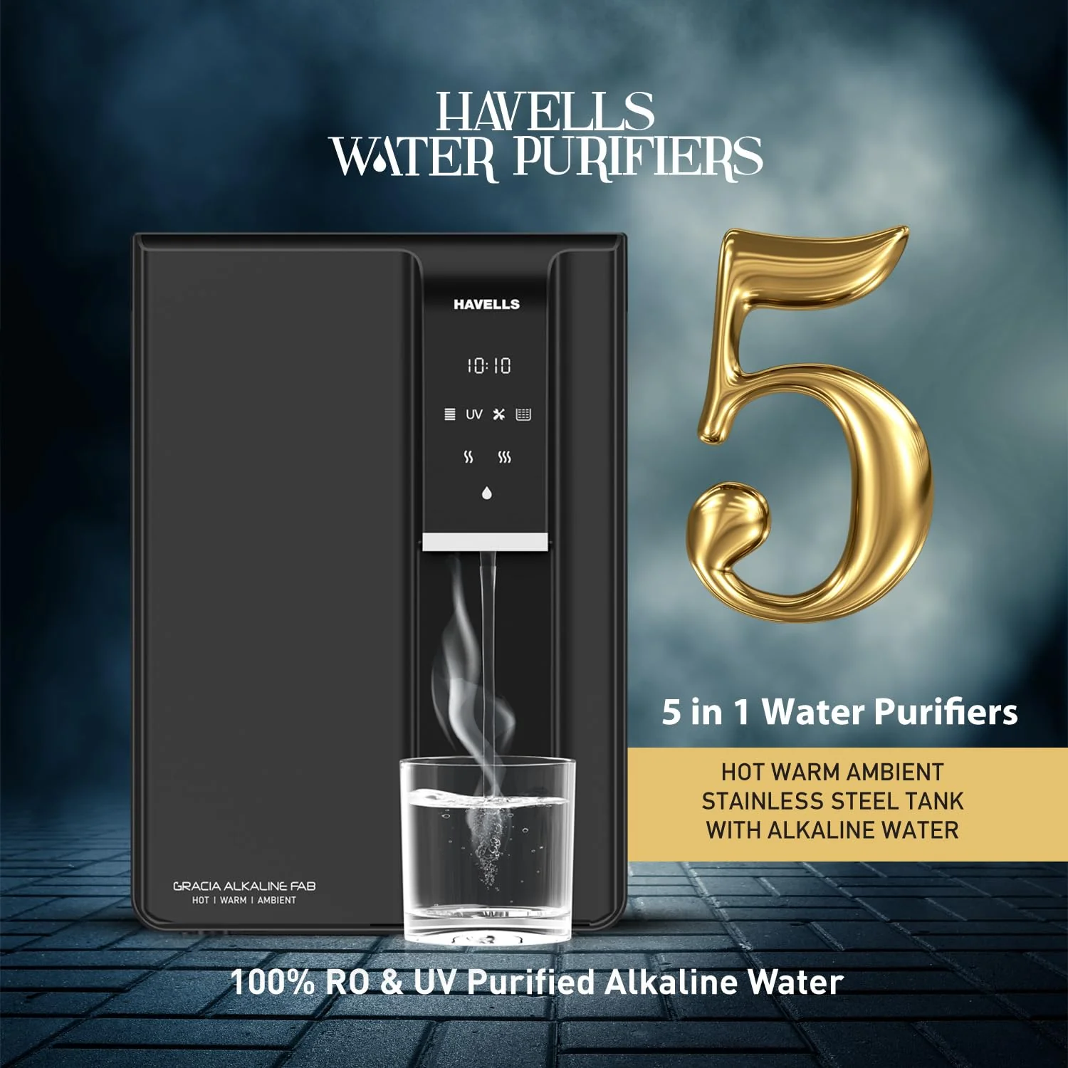 Havells Gracia FAB Alkaline Water Purifier (Black), RO+UV+Alkaline, Hot, Warm & Ambient Water, Copper+Zinc+Minerals, 8 Stage Purification, 6.5L SS Tank, Suitable for Borewell, Tanker & Municipal Water - Image 6