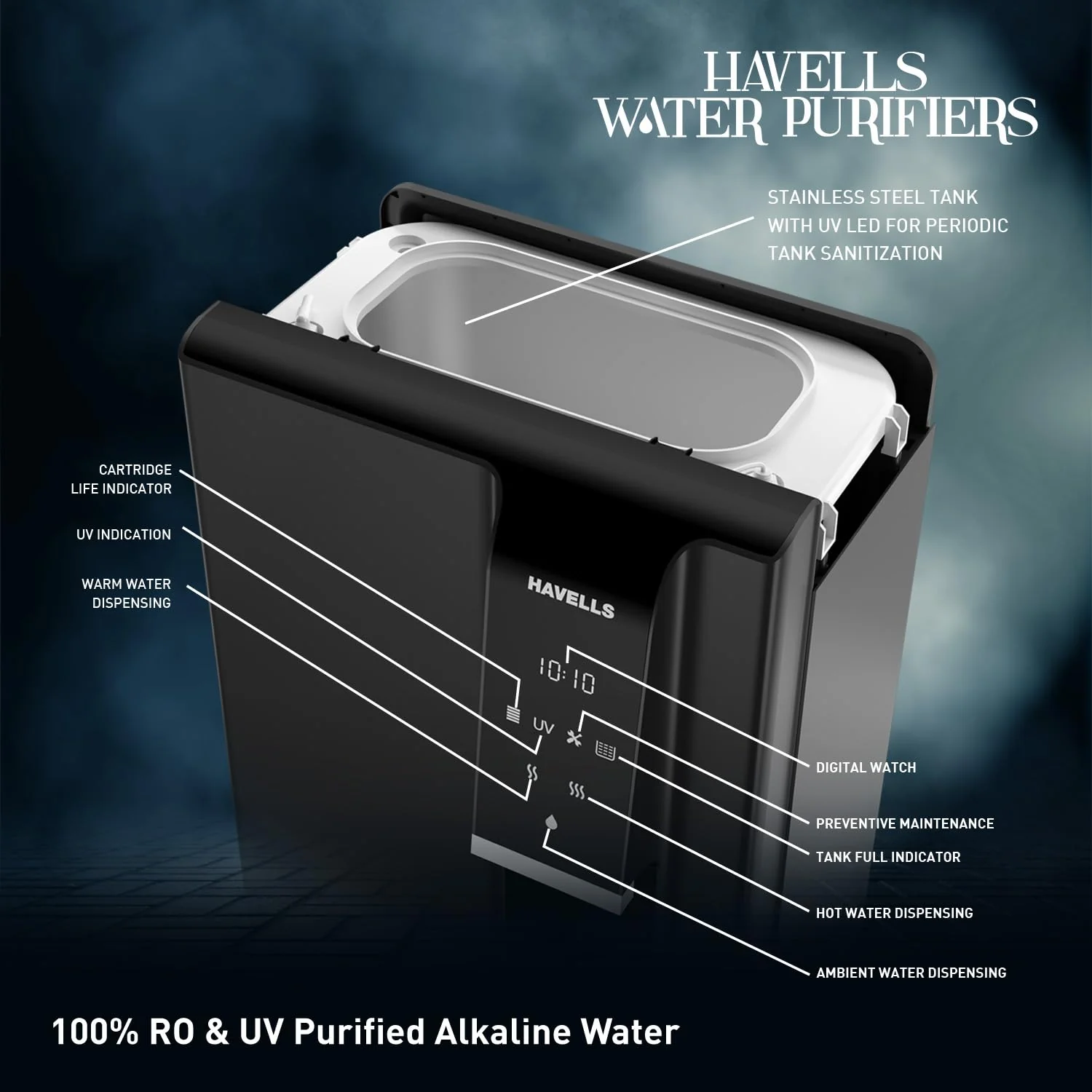 Havells Gracia FAB Alkaline Water Purifier (Black), RO+UV+Alkaline, Hot, Warm & Ambient Water, Copper+Zinc+Minerals, 8 Stage Purification, 6.5L SS Tank, Suitable for Borewell, Tanker & Municipal Water - Image 7