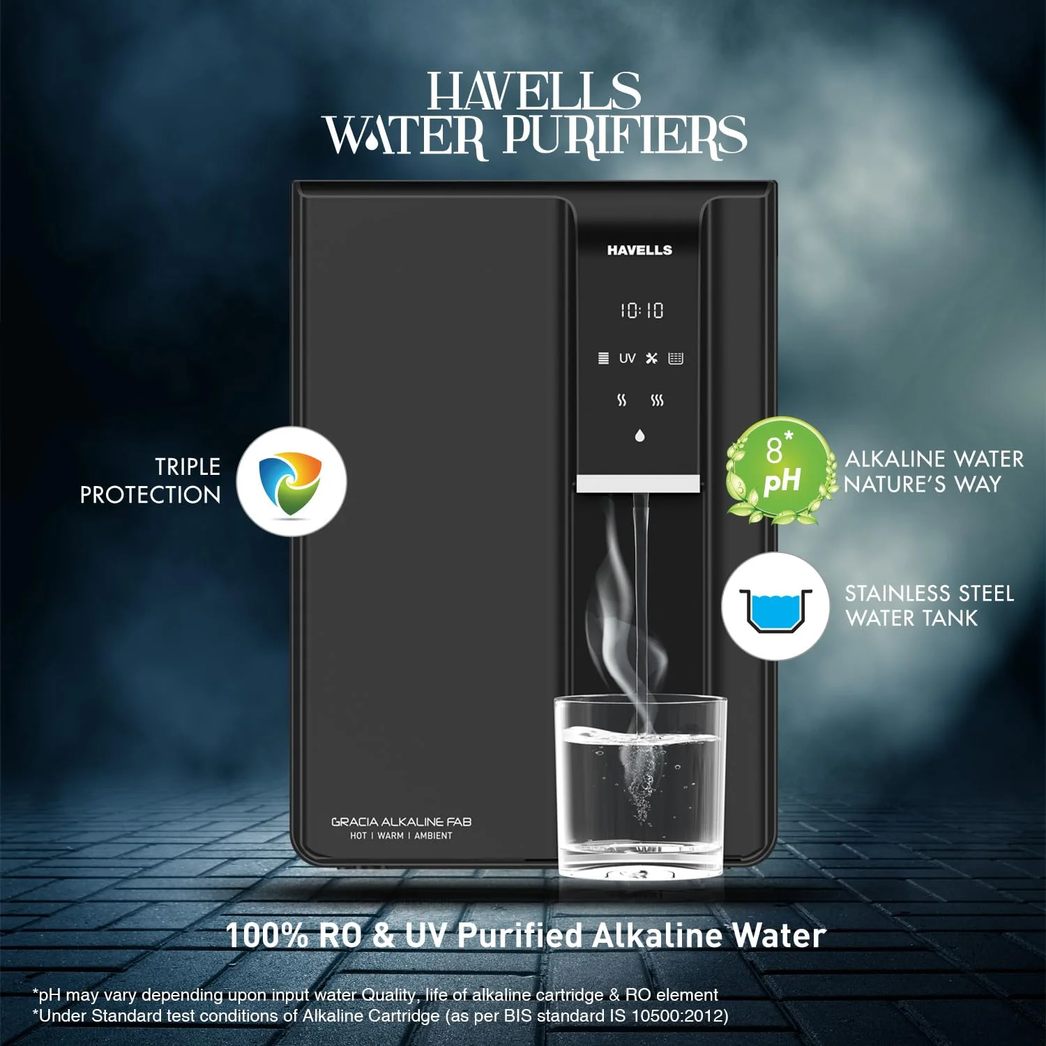 Havells Gracia FAB Alkaline Water Purifier (Black), RO+UV+Alkaline, Hot, Warm & Ambient Water, Copper+Zinc+Minerals, 8 Stage Purification, 6.5L SS Tank, Suitable for Borewell, Tanker & Municipal Water - Image 8