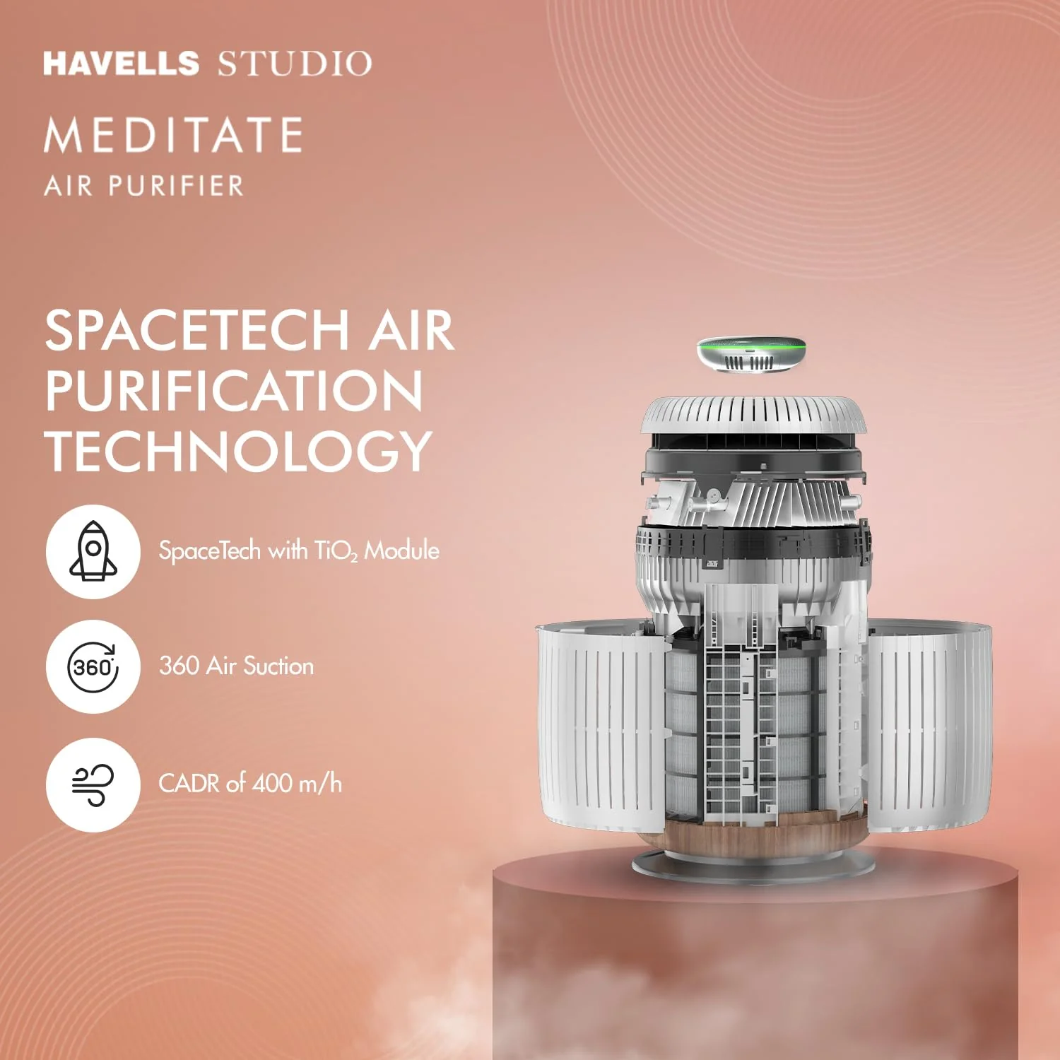 Havells Studio Meditate AP400 Air purifier with TiO2 module + HEPA 14 grade filter + Portable AQI Monitoring, Wi-Fi Enabled. One Composite Filter Free during Service (Silver Satin) - Image 3