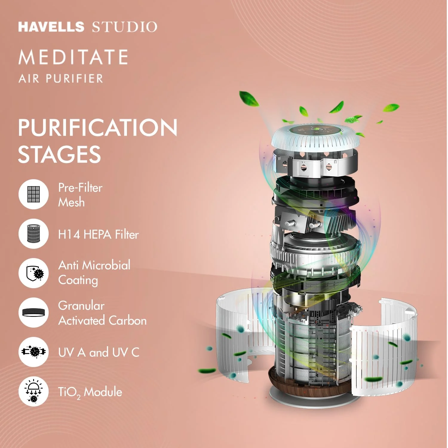 Havells Studio Meditate AP400 Air purifier with TiO2 module + HEPA 14 grade filter + Portable AQI Monitoring, Wi-Fi Enabled. One Composite Filter Free during Service (Silver Satin) - Image 4