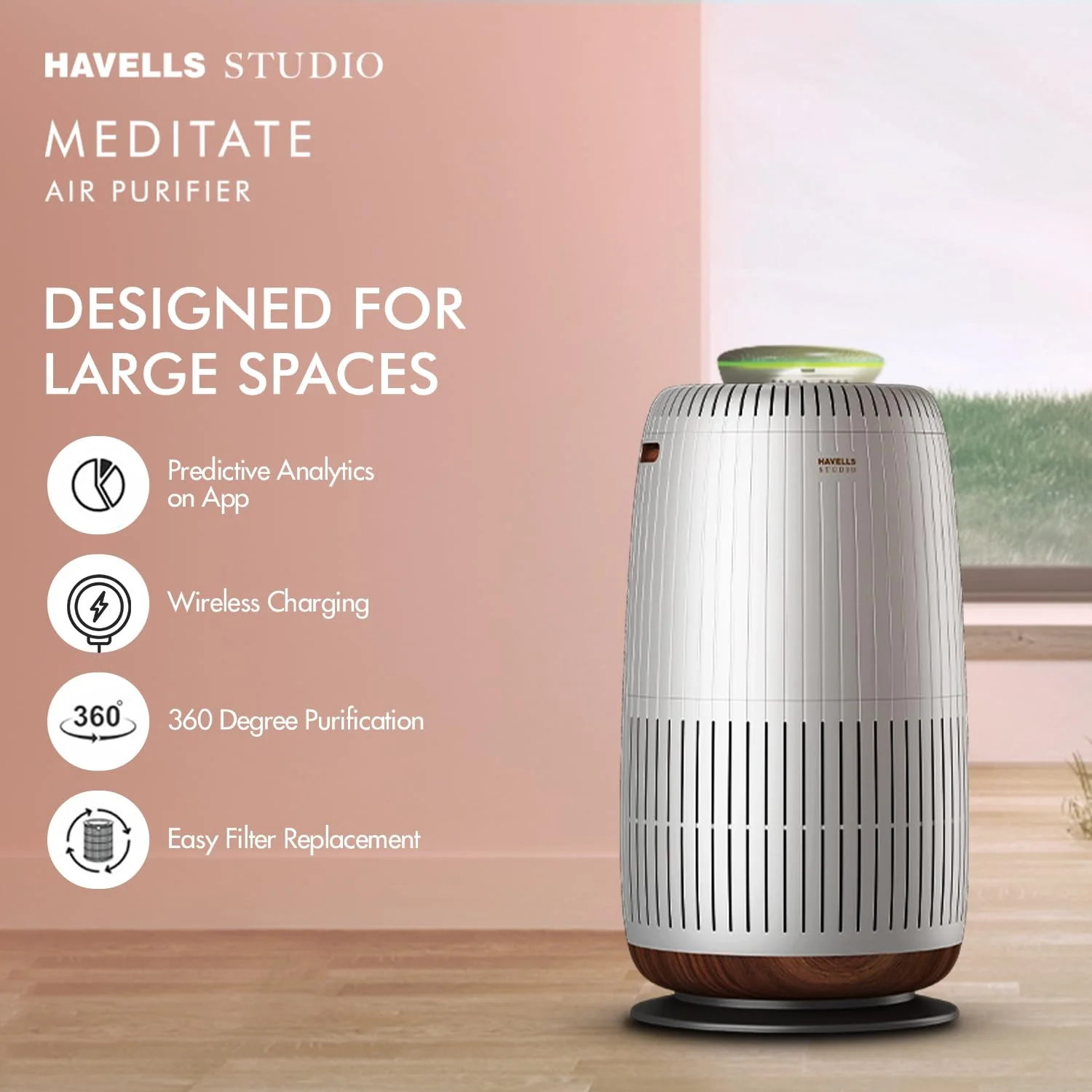 Havells Studio Meditate AP400 Air purifier with TiO2 module + HEPA 14 grade filter + Portable AQI Monitoring, Wi-Fi Enabled. One Composite Filter Free during Service (Silver Satin) - Image 5