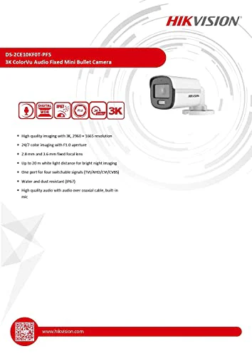 HIKVISION 3K ColorVu Audio Fixed Mini Bullet Camera DS-2CE10KF0T-PFS - Image 2