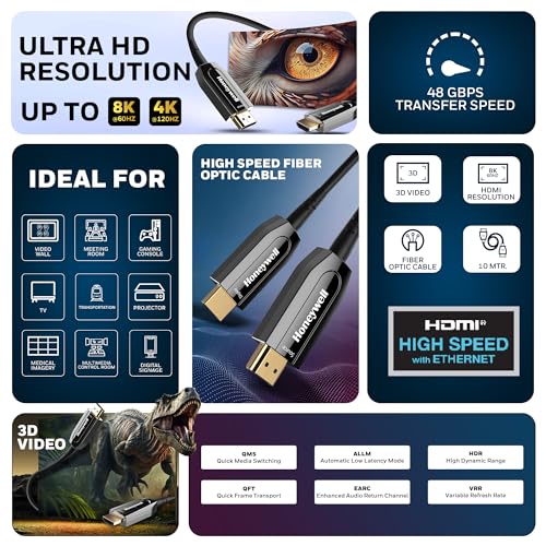 Honeywell HDMI AOC 2.1 Complaint 10 Meters, Transmission Speed of 48GBPS, Supports UHD Resolution of 8K@60Hz, Male-to-Male, High-Speed Fiber Optics Cable, Compatible with TV, Gaming Console, etc. - Image 3