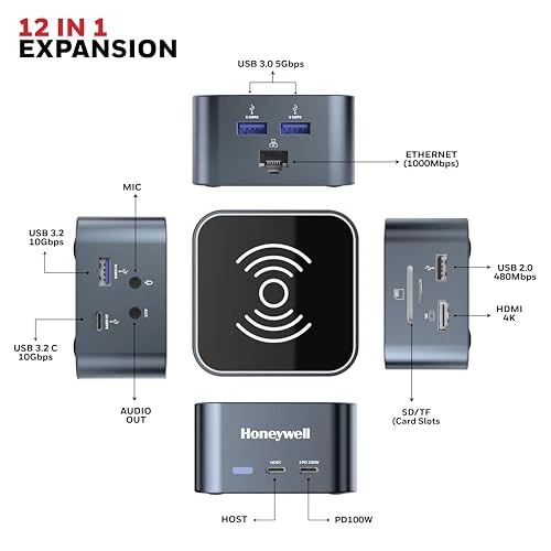 Honeywell New Launch 12-in-1 Type C Dock with 4K HDMI, MagSafe Wireless 15W, 4xUSB Ports PD 100W, Mic, Ethernet & Audio Port, SD & MicroSD Slot, All Type C Devices, Windows/MacBook - Image 2