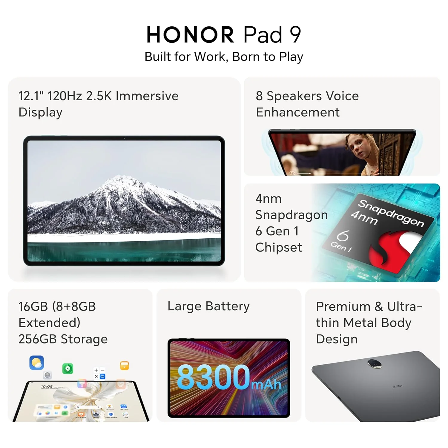 HONOR Pad 9 with Free Bluetooth Keyboard, 12.1-Inch 2.5K Display, 16GB, 256GB Storage, Snapdragon 6 Gen 1 (4nm), 8 Speakers, Up-to 17 Hours, Android 13, WiFi Tablet, Metal Body, Gray - Image 7