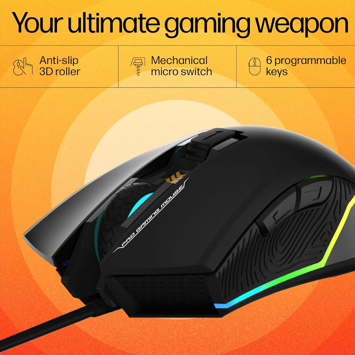 HP G360 RGB Backlighting USB Wired Gaming Mouse with 6 Programmable Buttons, Customizable 6200 DPI, Ergonomic Design, Non-Slip 3D Roller/ 3 Years Warranty (4QM92AA) - Image 5