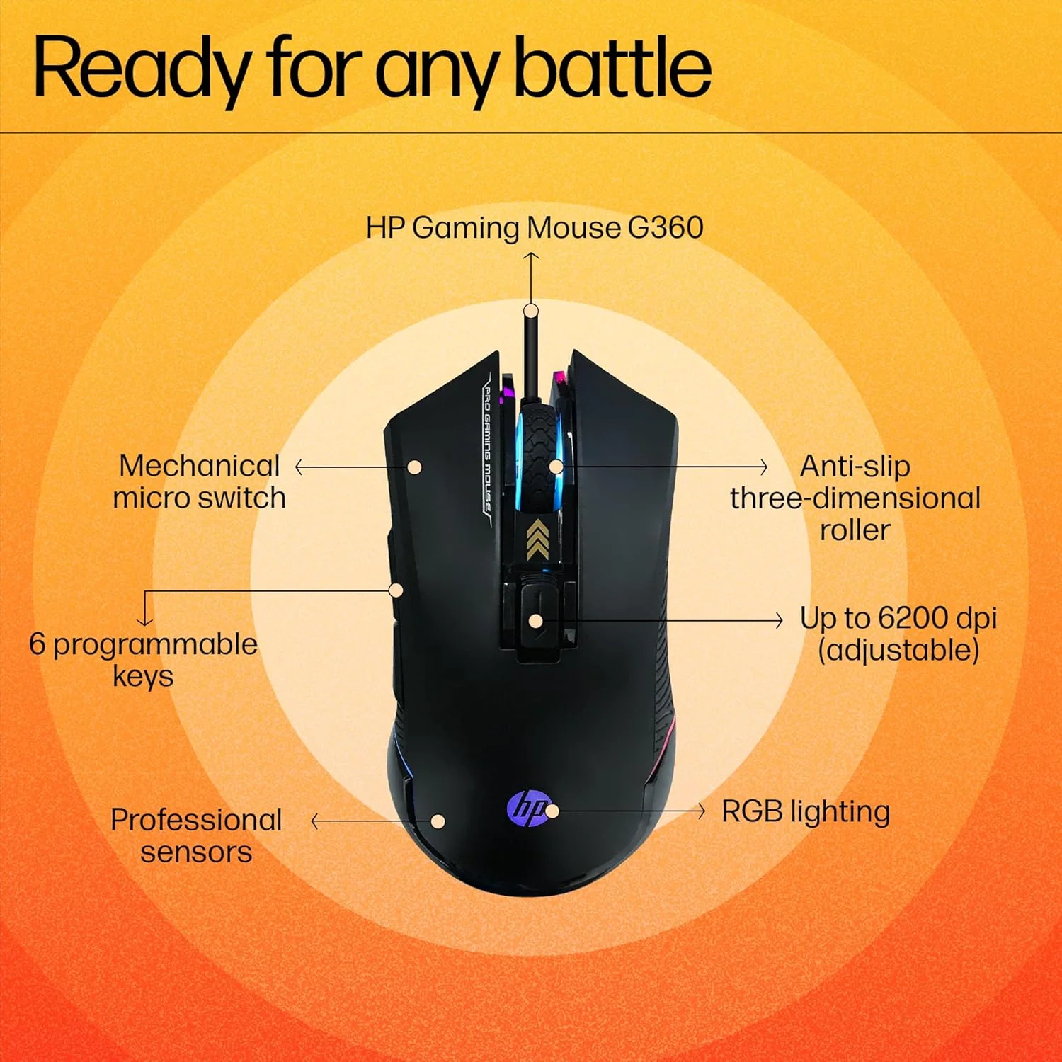 HP G360 RGB Backlighting USB Wired Gaming Mouse with 6 Programmable Buttons, Customizable 6200 DPI, Ergonomic Design, Non-Slip 3D Roller/ 3 Years Warranty (4QM92AA) - Image 8
