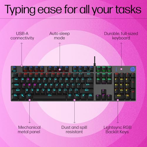 HP GK400F Mechanical Gaming Keyboard,dust & Spill Resistant,RGB Backlit Keys,Metal Panel,Full-Sized Keyboard Design - Image 8