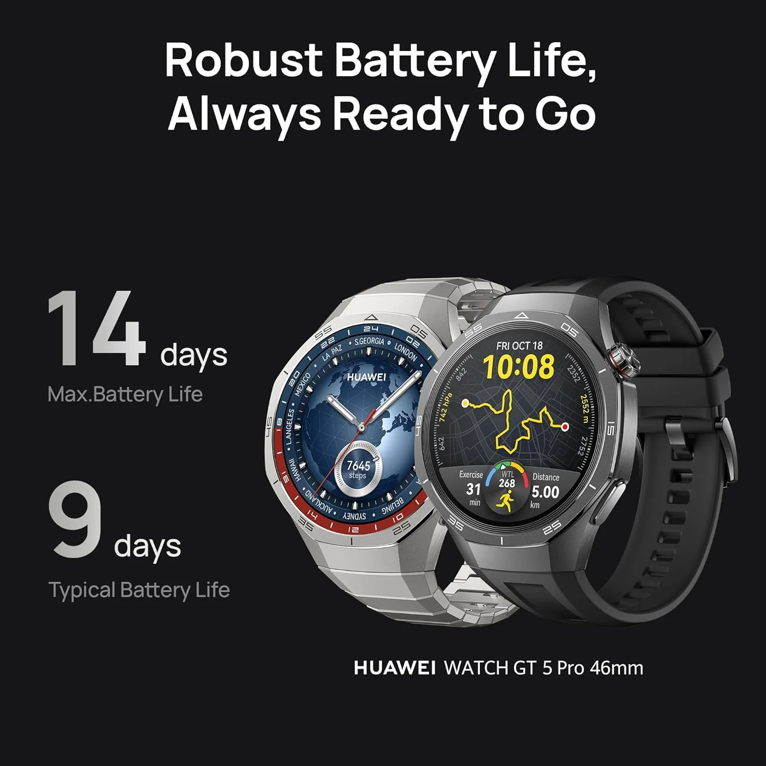 Huawei Watch GT5 Pro 46 mm Smartwatch, Sharp-Edged Design, Upto 14 Days Battery Life, Pro-Level Sports Watch, Health Tracking, iOS & Android Compatible, (Black) - Image 3