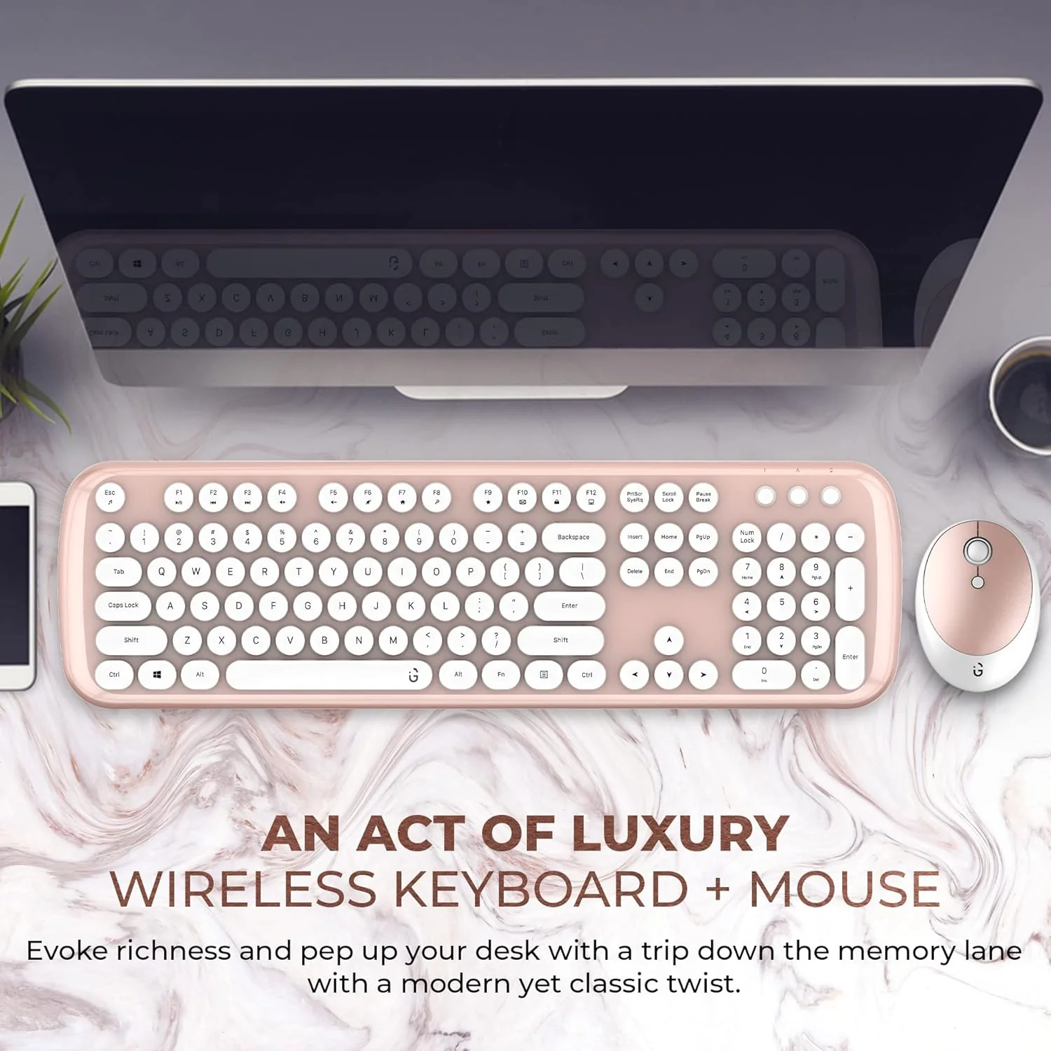 iGear KeyBee Retro Typewriter Inspired 2.4GHz Wireless Keyboard with Mouse Combo for Desktop/Laptop and Devices with USB Support, Single Nano Receiver, Round Keycaps, Cleaning Brush (Gold White) - Image 2