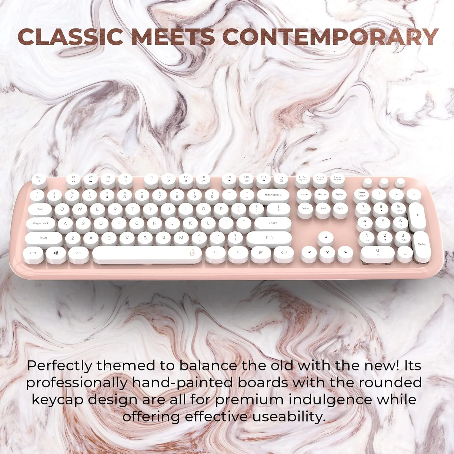 iGear KeyBee Retro Typewriter Inspired 2.4GHz Wireless Keyboard with Mouse Combo for Desktop/Laptop and Devices with USB Support, Single Nano Receiver, Round Keycaps, Cleaning Brush (Gold White) - Image 3