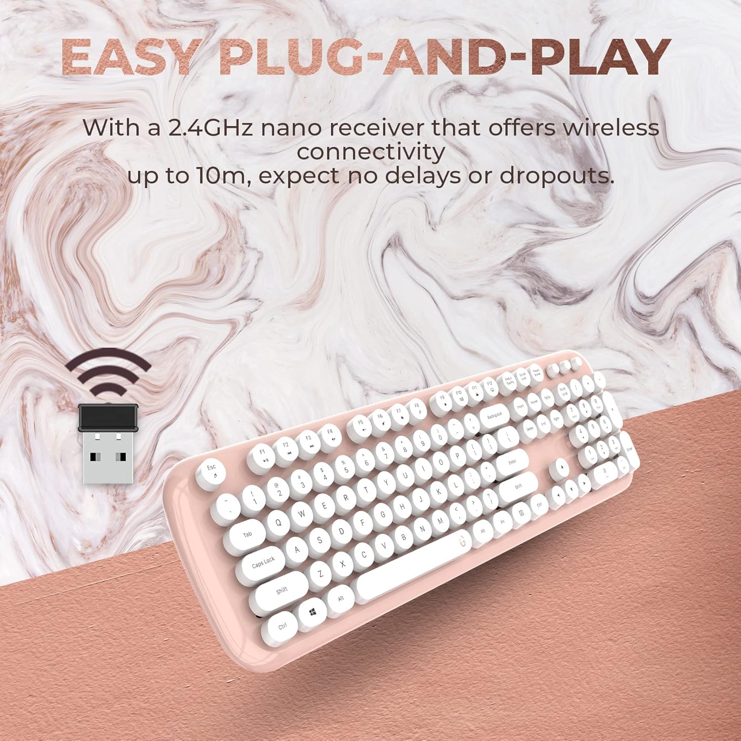 iGear KeyBee Retro Typewriter Inspired 2.4GHz Wireless Keyboard with Mouse Combo for Desktop/Laptop and Devices with USB Support, Single Nano Receiver, Round Keycaps, Cleaning Brush (Gold White) - Image 4