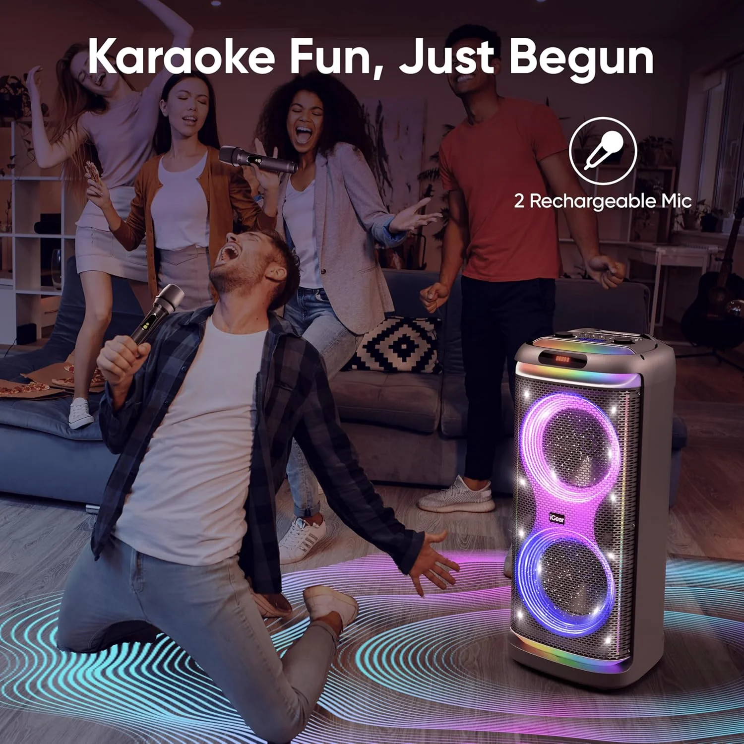 iGear X-Bass 160 Ultimate 160W Portable Bluetooth Party Speaker with Dual Bass Radiators, 2 Wireless Karaoke Mics, Mesmerizing RGB Lights, TWS Mode, USB, TF/SD Card & AUX Input, Remote Control - Black - Image 2