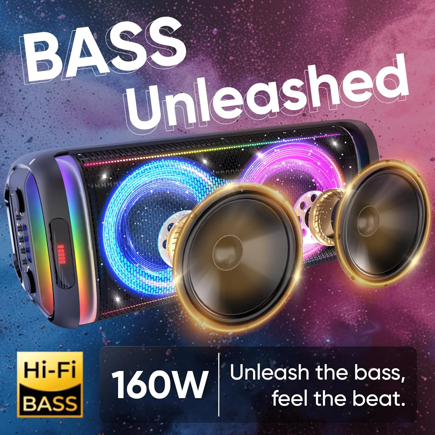 iGear X-Bass 160 Ultimate 160W Portable Bluetooth Party Speaker with Dual Bass Radiators, 2 Wireless Karaoke Mics, Mesmerizing RGB Lights, TWS Mode, USB, TF/SD Card & AUX Input, Remote Control - Black - Image 4